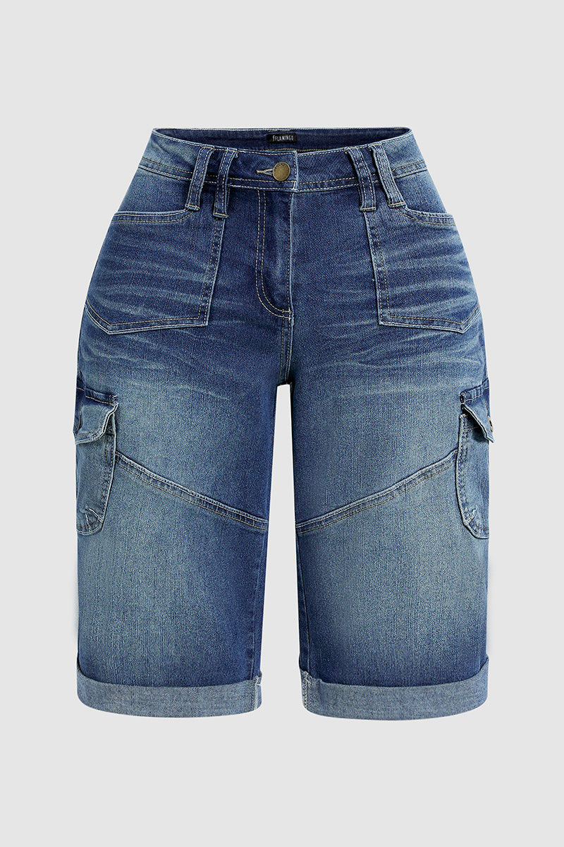 🔥Flap Pocket Roll Hem Denim Bermuda Shorts Without Belt