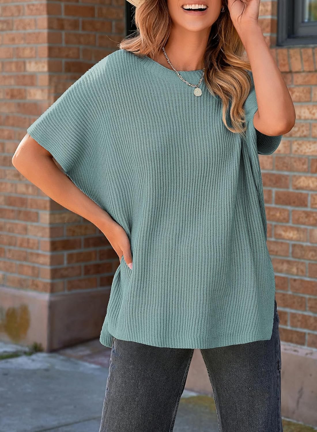 Womens Tops Crewneck Short Sleeve Sweater Causal Tunic Tops Lightweight Summer Sweaters for Women