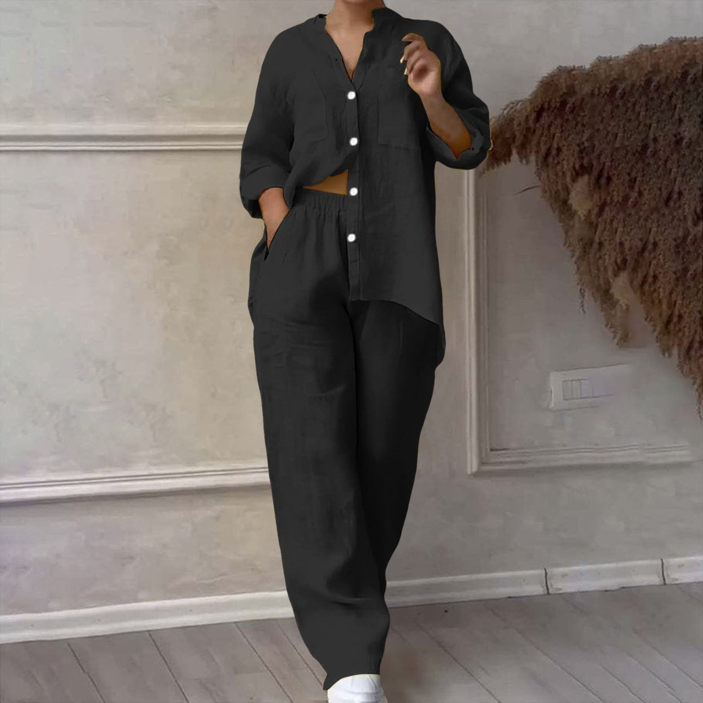 Women's Two Piece 2025 Lapel Long Sleeved Shirt Spring Summer Casual Solid Pants Wide Leg Two Piece Suit Women's Fashion Business Suit Two Piece Pants Set Women Trousers Suit Outfits for Women Girls