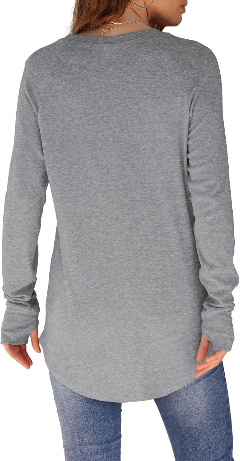 Womens Tunic Tops to Wear with Leggings Long Sleeve Thumb Hole Shirts Crew Neck Curved Hem Fall Winter Clothes