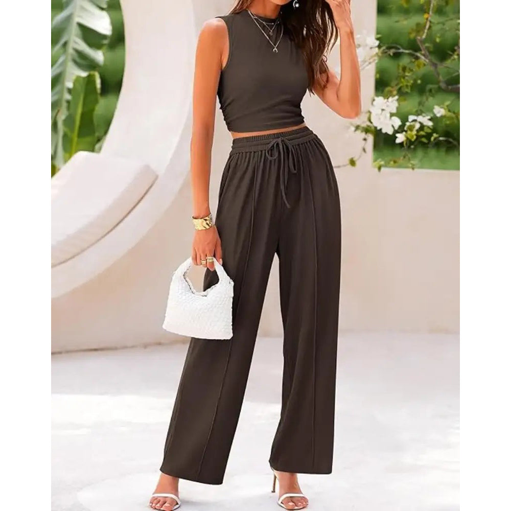 Women's Summer 2-Piece Outfits - Ribbed Knit Crew Neck Sleeveless Cropped Top & Wide Leg Pants Lounge Set