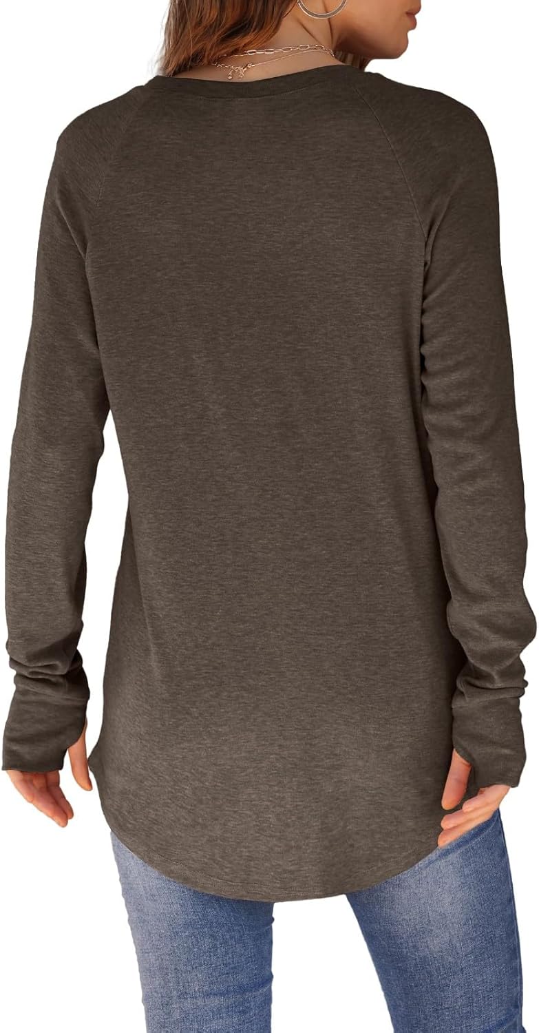 Womens Tunic Tops to Wear with Leggings Long Sleeve Thumb Hole Shirts Crew Neck Curved Hem Fall Winter Clothes