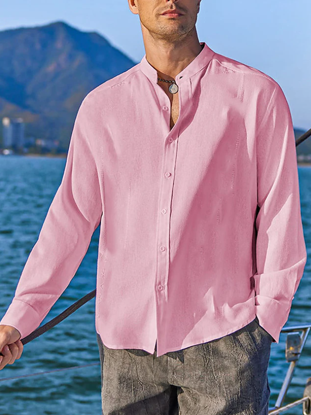 Men's Shirt Band Collar Shirt Summer Shirt Beach Wear Casual Shirt Button Up Shirt Plain Vacation Casual Black White Pink Green Long Sleeve Band Collar Spring & Summer Clothing Apparel