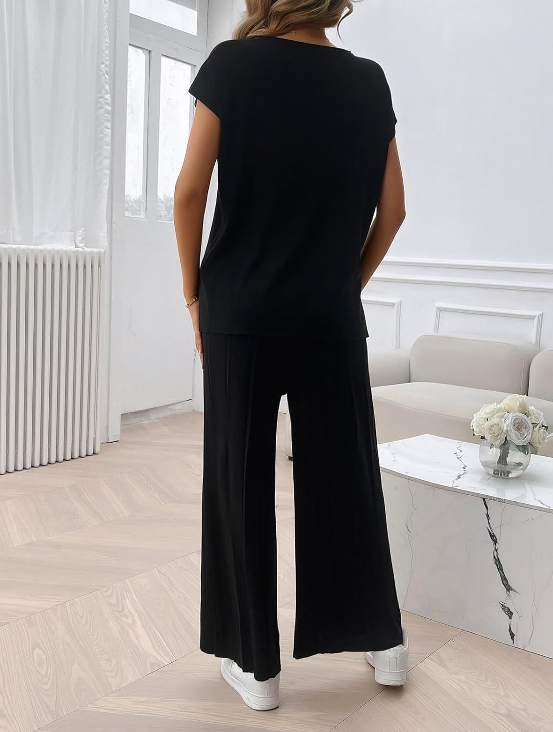 Womens 2 Pieces Lounge Sets Knit Sweater Sets Casual Cap Sleeve Tops with Wide Leg Pants Tracksuits