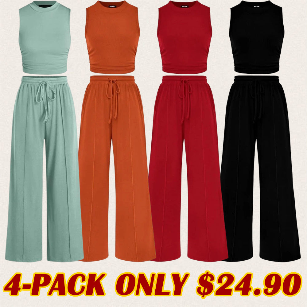 Women's Summer 2-Piece Outfits - Ribbed Knit Crew Neck Sleeveless Cropped Top & Wide Leg Pants Lounge Set