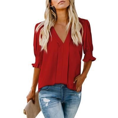 Womens Vneck T Shirts Tops Casual Ruffle Short Sleeve Blouses Boho Floral Graphic Solid