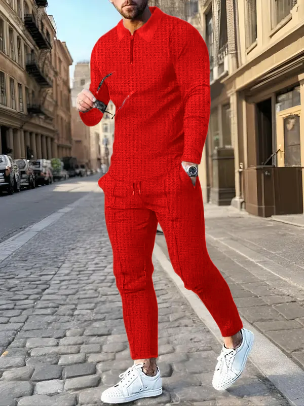 Men's Solid Textured Long Sleeve Polo Shirt & Drawstring Waist Pants Matching Sets