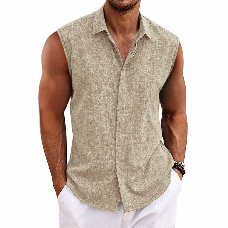 Men's Solid Color Lapel Cotton and Linen Sleeveless Shirt