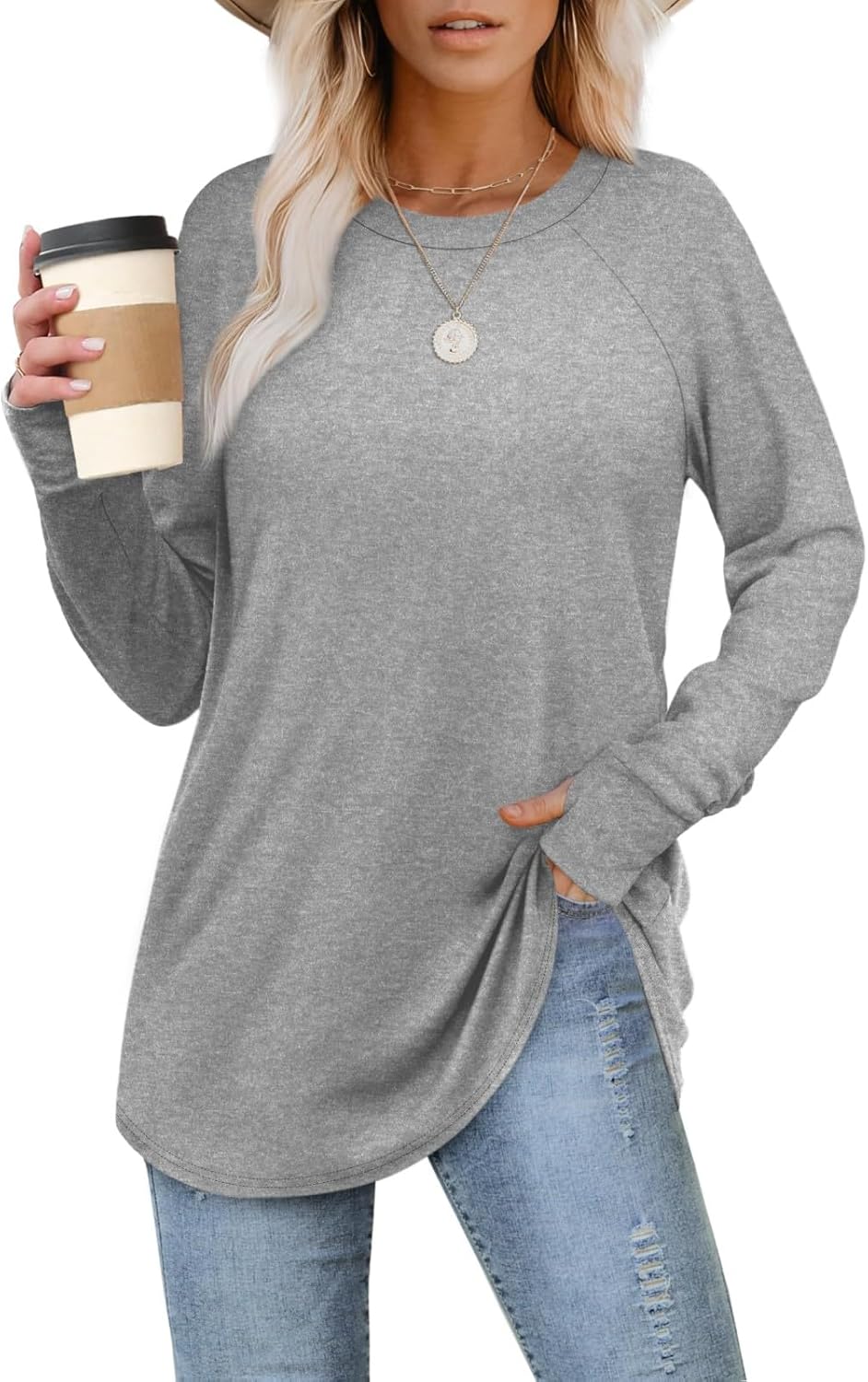 Womens Tunic Tops to Wear with Leggings Long Sleeve Thumb Hole Shirts Crew Neck Curved Hem Fall Winter Clothes