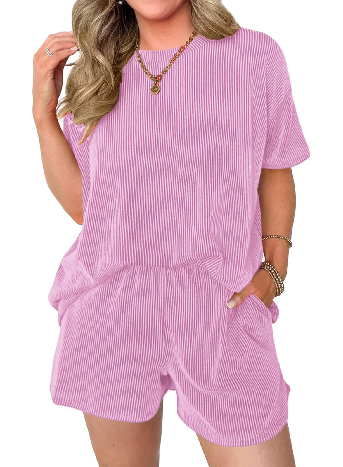 Women's Pocket Casual Short Sleeve T-shirt & Elastic Waist Shorts, Ribbed 2 Piece Sets