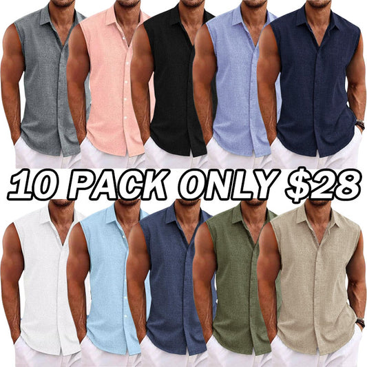 Men's Solid Color Lapel Cotton and Linen Sleeveless Shirt
