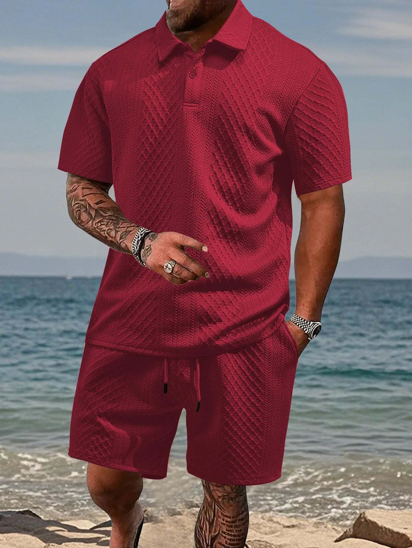7 Packs Men's casual sports lapel jacquard texture polo shirt set