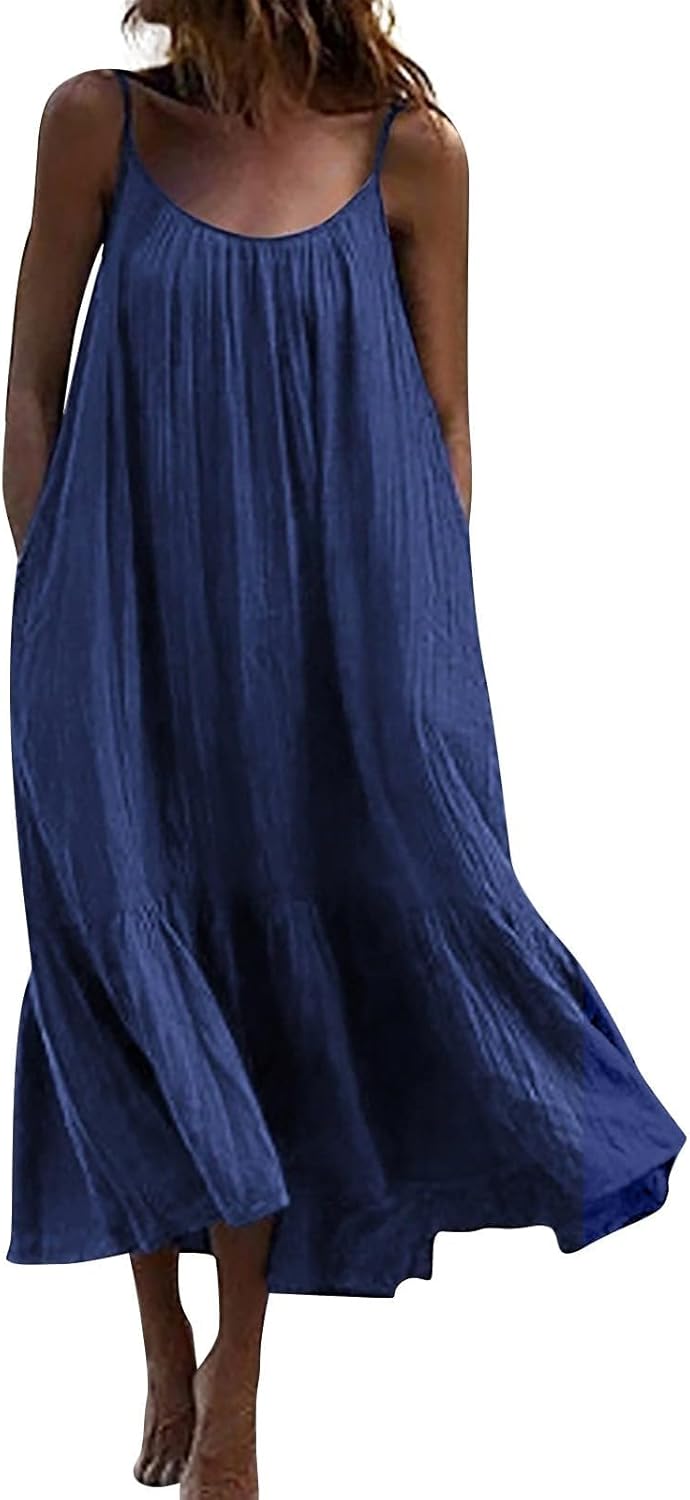 Summer Dresses Loose Fit Sleeveless Spaghetti Strap Asymmetric Tiered Maxi Dress Baggy