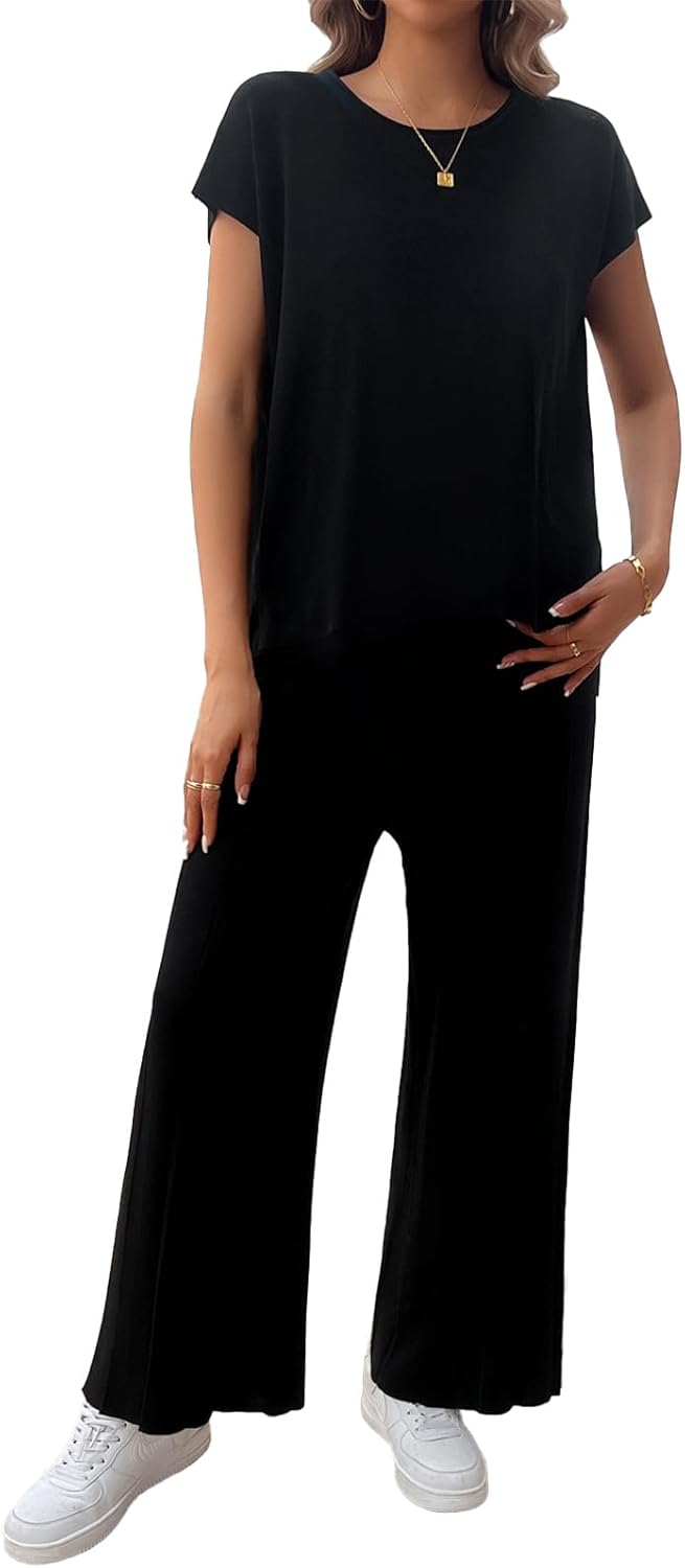Womens 2 Pieces Lounge Sets Knit Sweater Sets Casual Cap Sleeve Tops with Wide Leg Pants Tracksuits