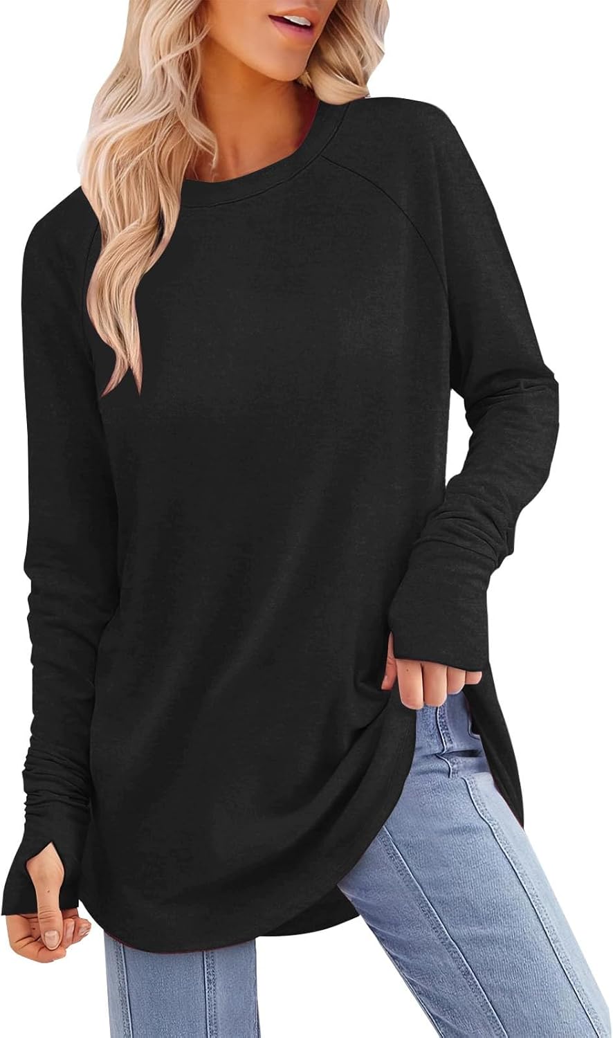 Womens Tunic Tops to Wear with Leggings Long Sleeve Thumb Hole Shirts Crew Neck Curved Hem Fall Winter Clothes