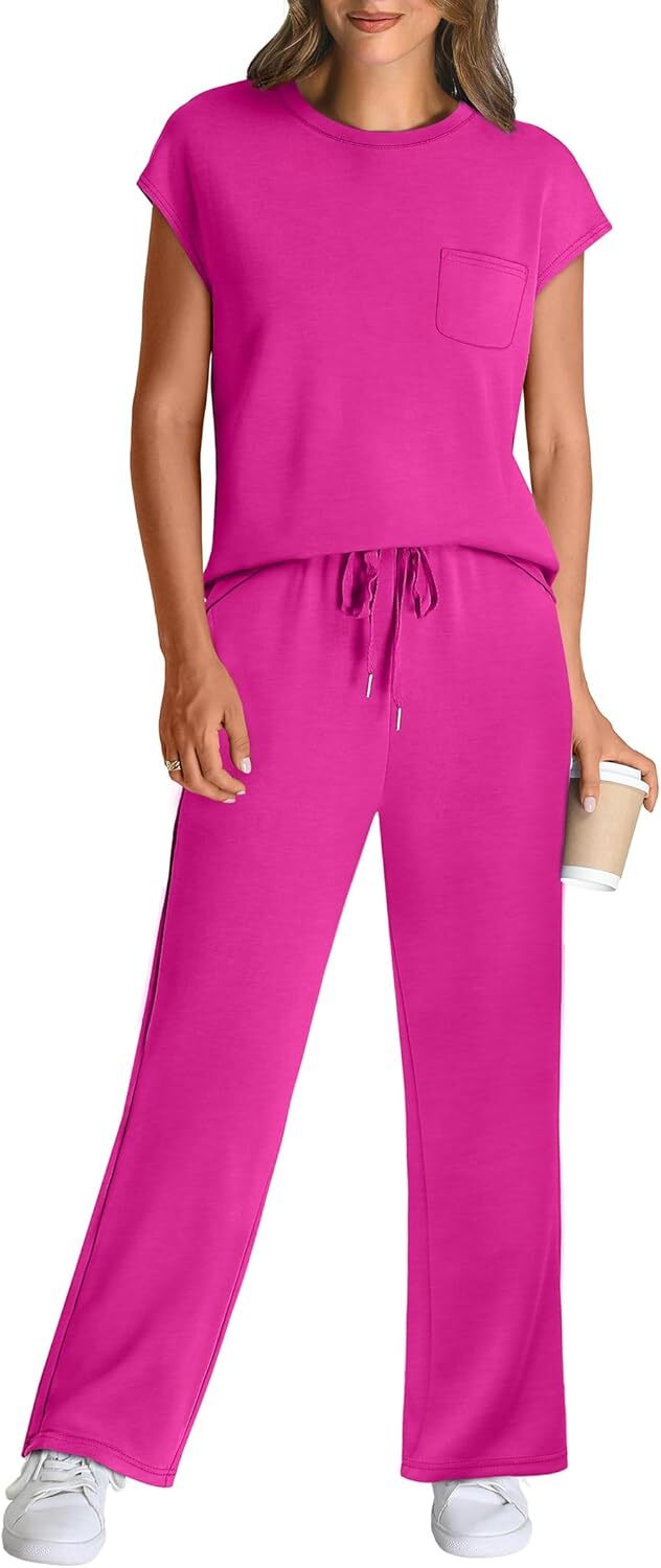 🔥 Hot selling model-2 Piece Sets for Women Casual Summer Travel Vacation Outfits Cap Sleeve Lounge Set
