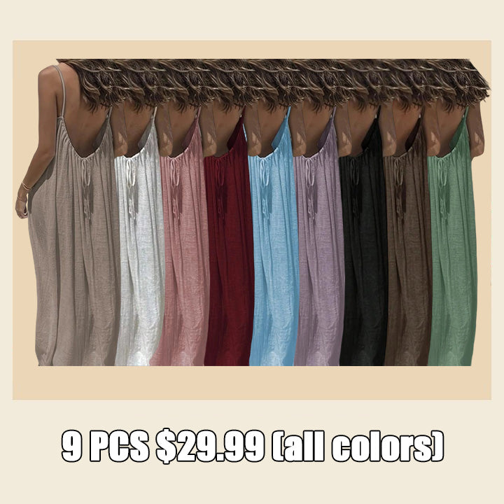 Summer Dresses Loose Fit Sleeveless Spaghetti Strap Asymmetric Tiered Maxi Dress Baggy