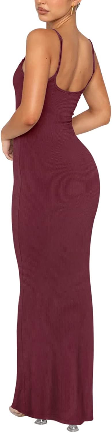 Women's Basic Sexy Lounge Slip Long Dress Elegant Sleeveless Backless Ribbed Bodycon Maxi Dresses