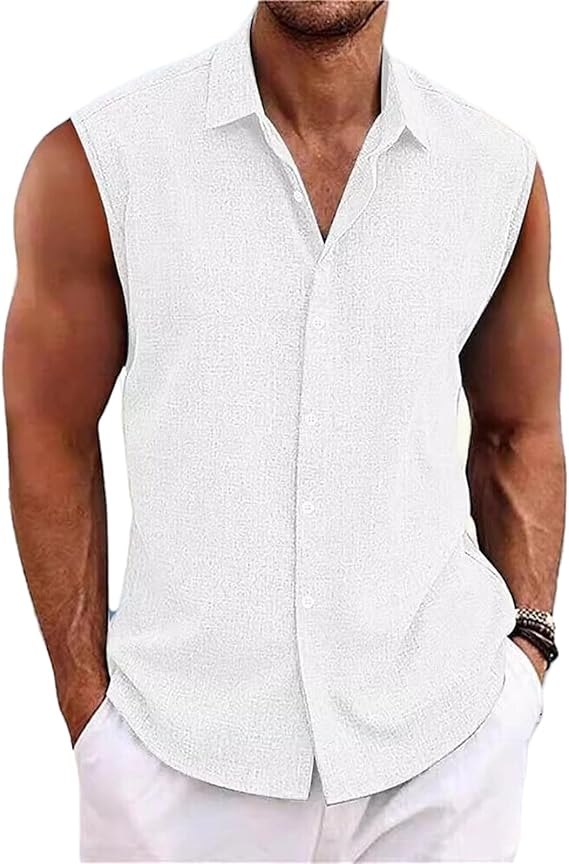 Men's Solid Color Lapel Cotton and Linen Sleeveless Shirt