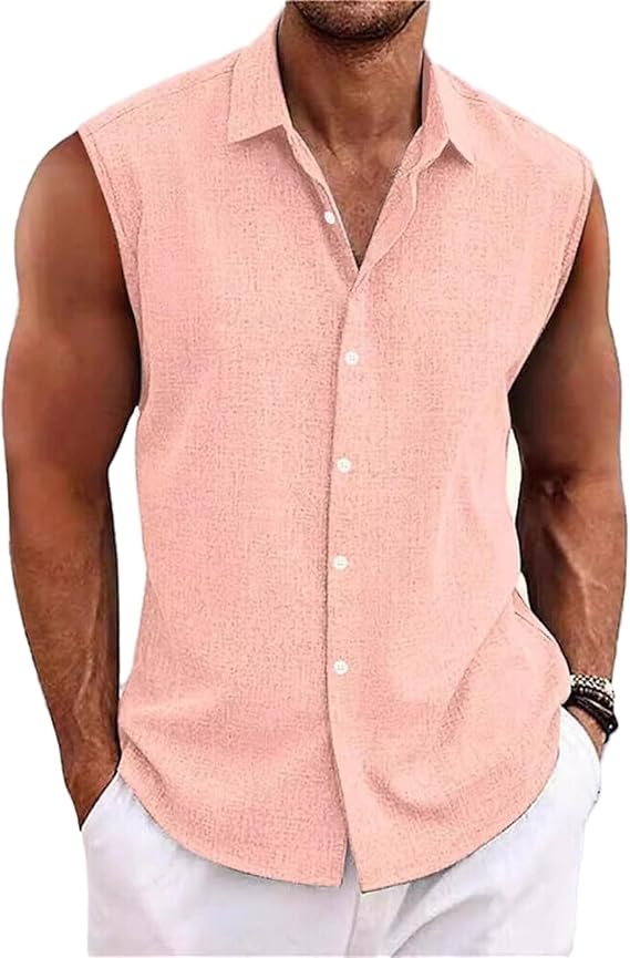 Men's Solid Color Lapel Cotton and Linen Sleeveless Shirt
