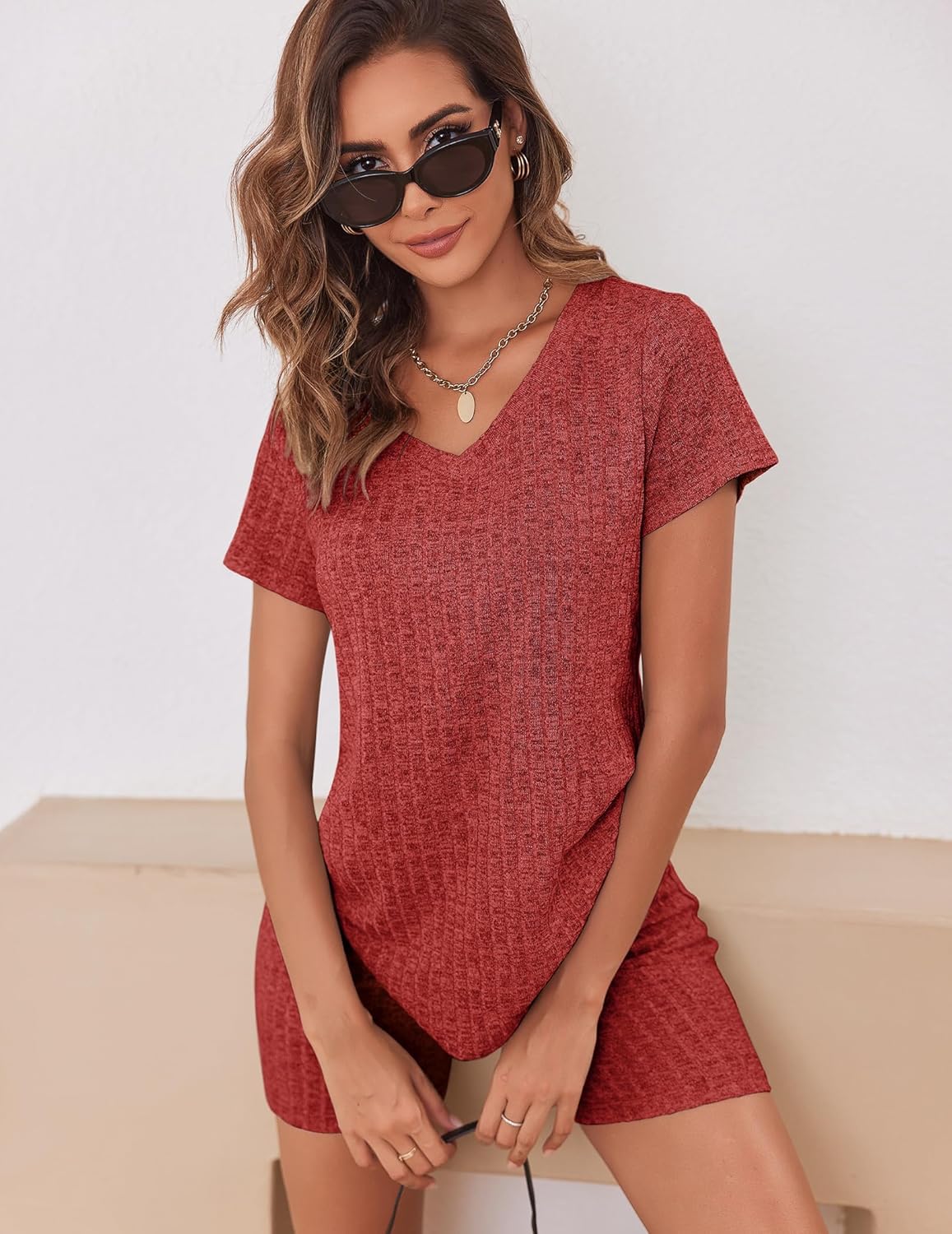 Biker Short Sets Women 2 Piece Outfits Ribbed Pajama Short Sleeve Workout Set