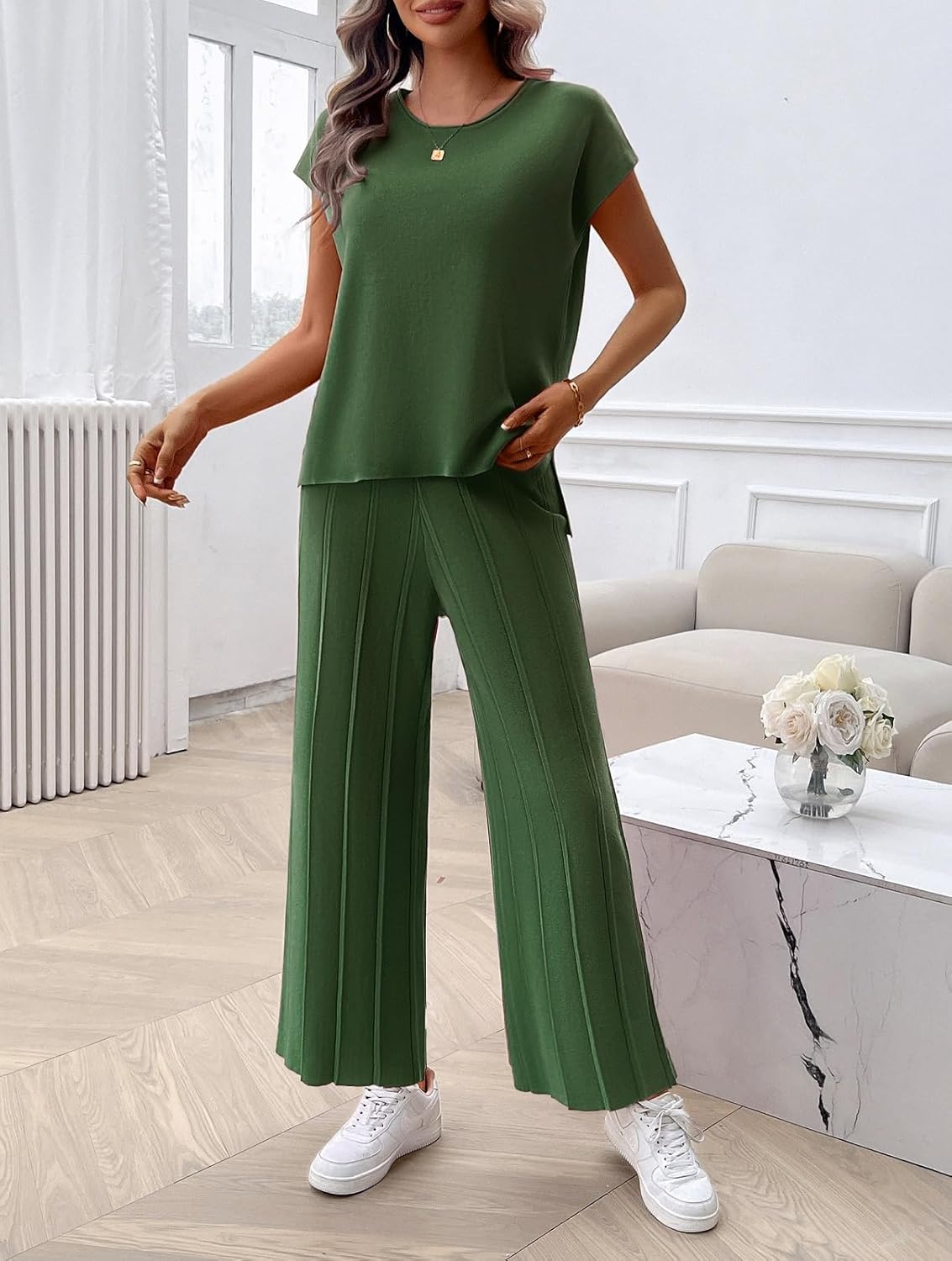 Womens 2 Pieces Lounge Sets Knit Sweater Sets Casual Cap Sleeve Tops with Wide Leg Pants Tracksuits