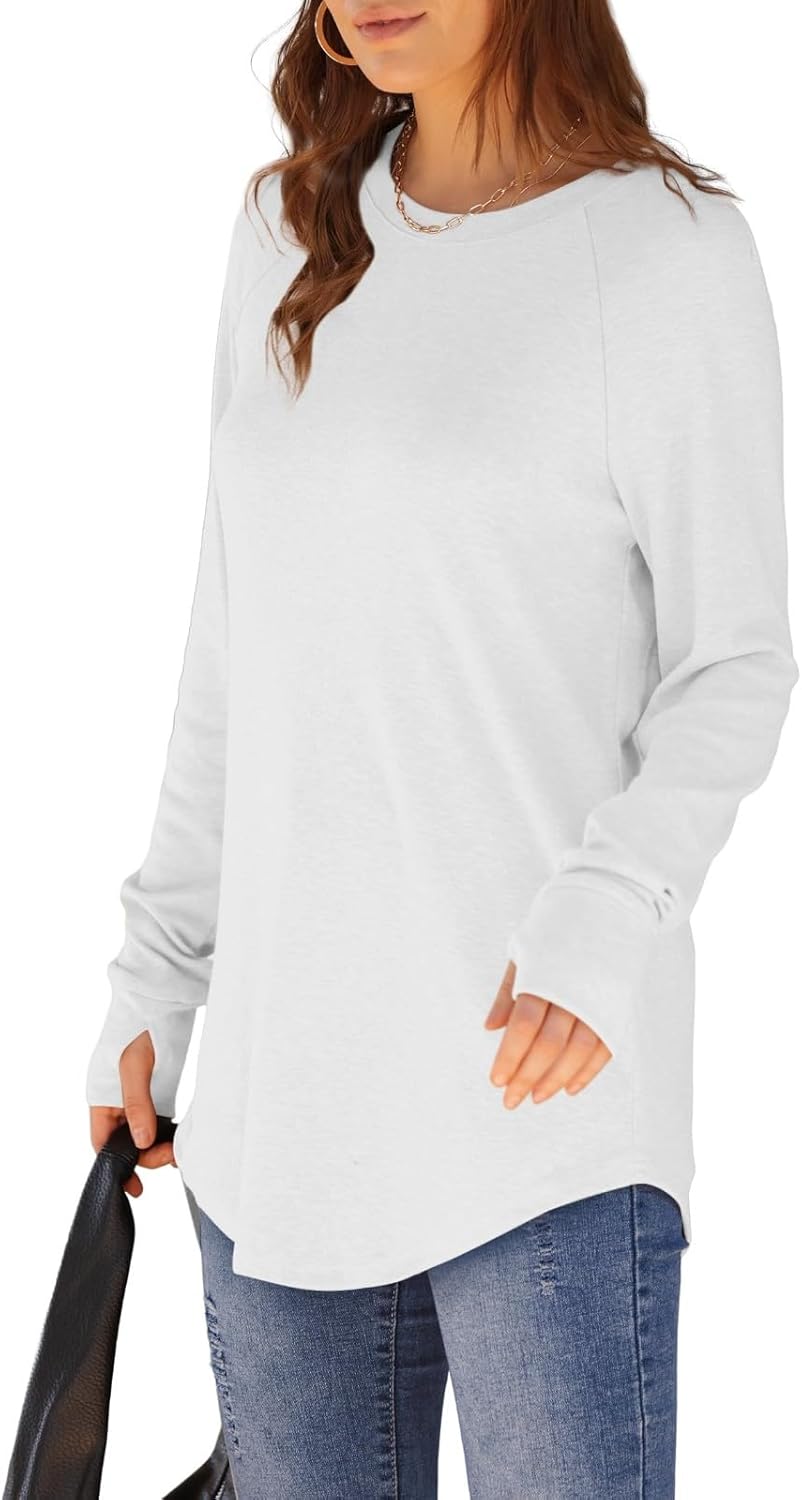 Womens Tunic Tops to Wear with Leggings Long Sleeve Thumb Hole Shirts Crew Neck Curved Hem Fall Winter Clothes