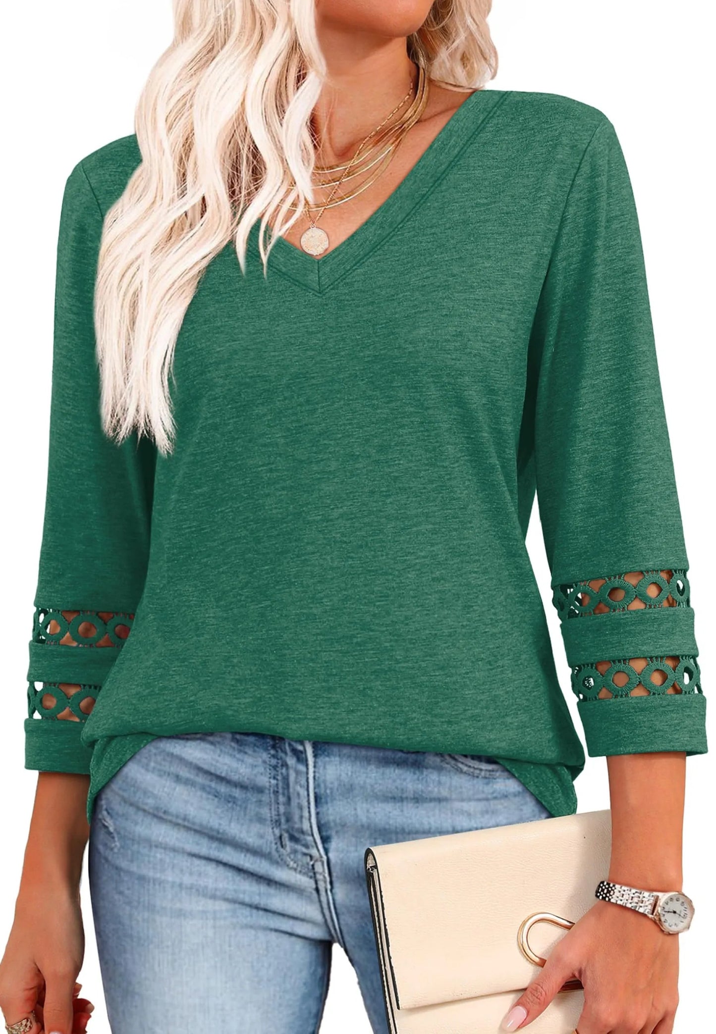 2025 Women's Trendy V-Neck T-Shirt with 3/4 Sleeves - Stylish & Comfortable Top