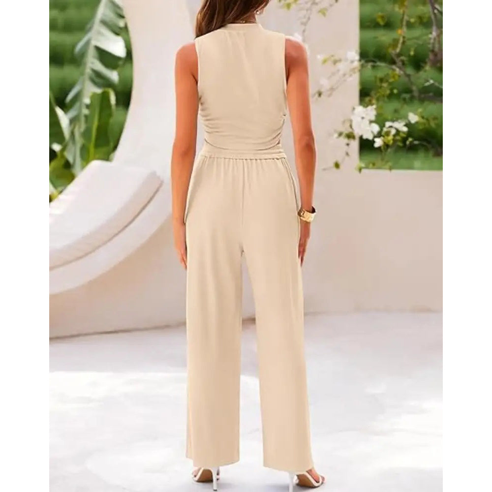 Women's Summer 2-Piece Outfits - Ribbed Knit Crew Neck Sleeveless Cropped Top & Wide Leg Pants Lounge Set