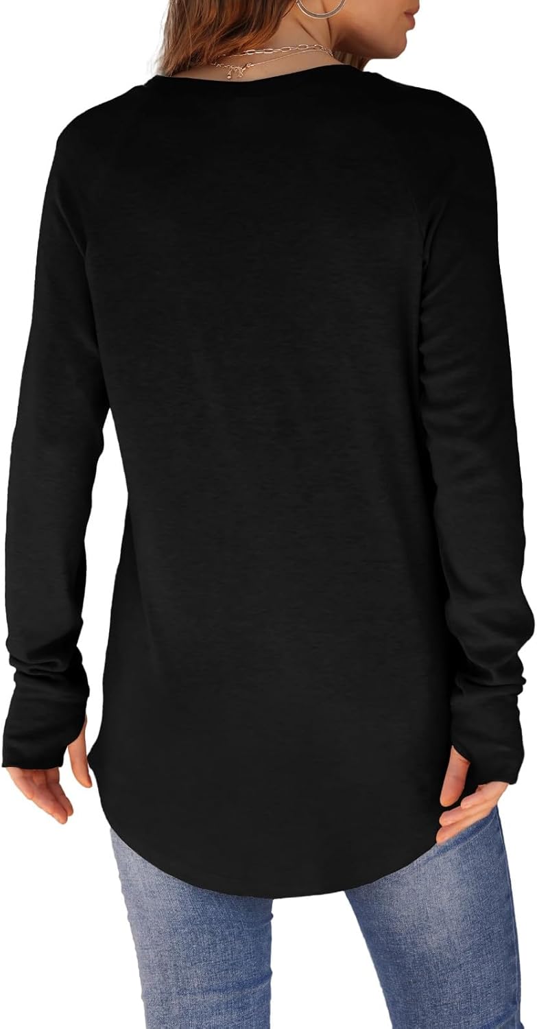 Womens Tunic Tops to Wear with Leggings Long Sleeve Thumb Hole Shirts Crew Neck Curved Hem Fall Winter Clothes