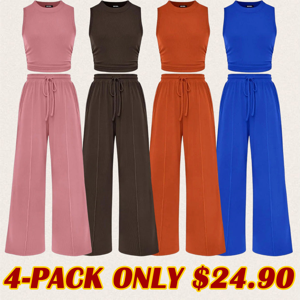 Women's Summer 2-Piece Outfits - Ribbed Knit Crew Neck Sleeveless Cropped Top & Wide Leg Pants Lounge Set
