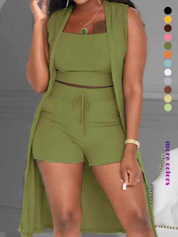 Three-Piece Set Women's Solid Ribbed Co-ord Set, Casual Crop Tank Top & Drawstring Waist Shorts & Vest Coat Set for Daily Wear, Summer Clothes, Chic Women's Clothing