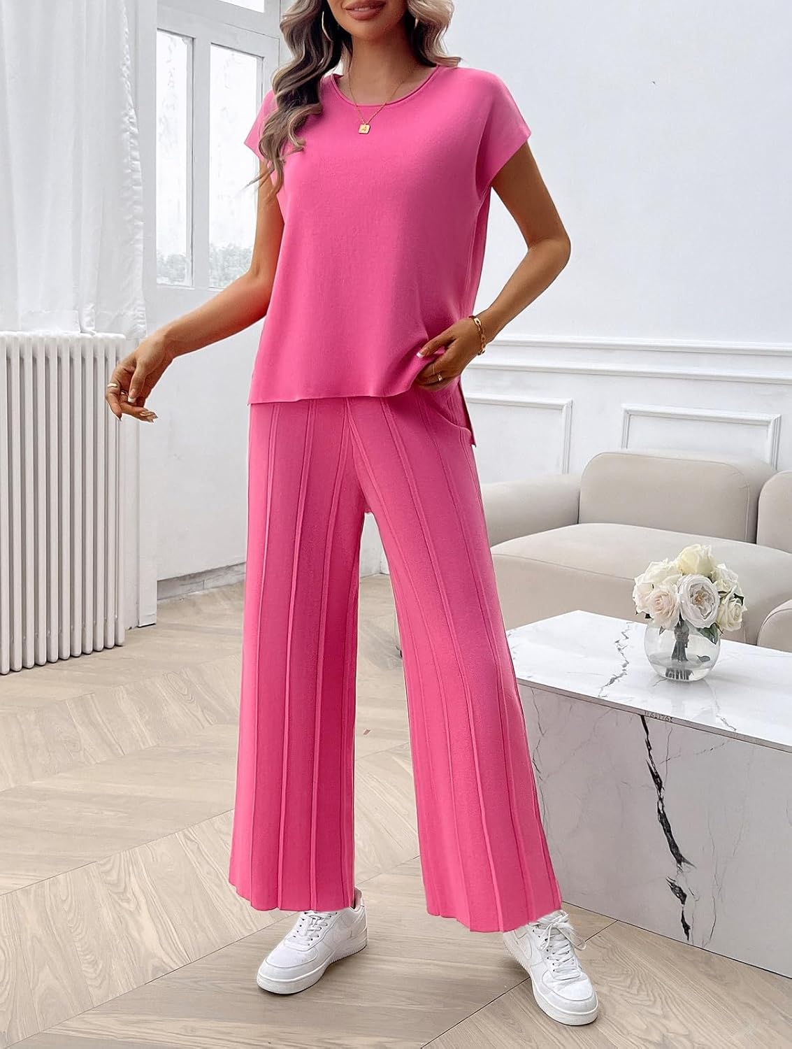 Womens 2 Pieces Lounge Sets Knit Sweater Sets Casual Cap Sleeve Tops with Wide Leg Pants Tracksuits