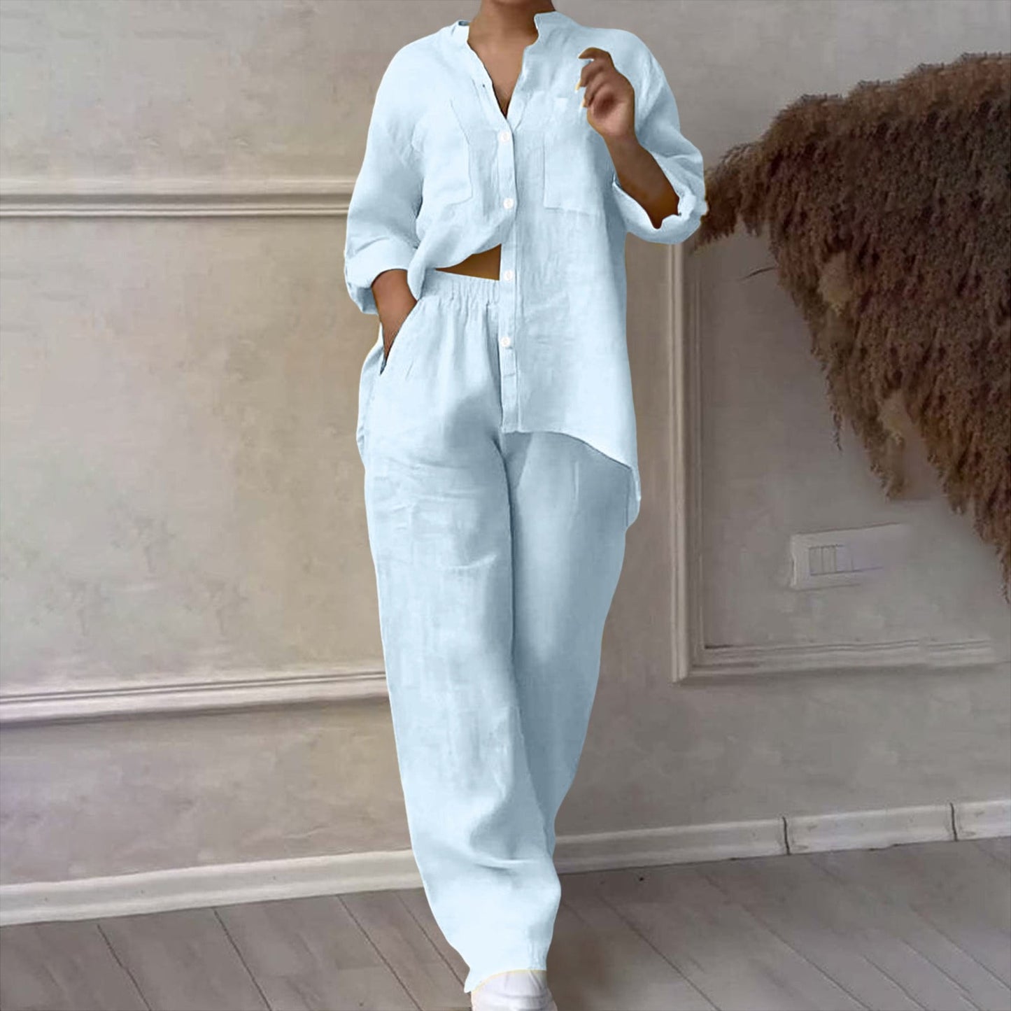 Women's Two Piece 2025 Lapel Long Sleeved Shirt Spring Summer Casual Solid Pants Wide Leg Two Piece Suit Women's Fashion Business Suit Two Piece Pants Set Women Trousers Suit Outfits for Women Girls