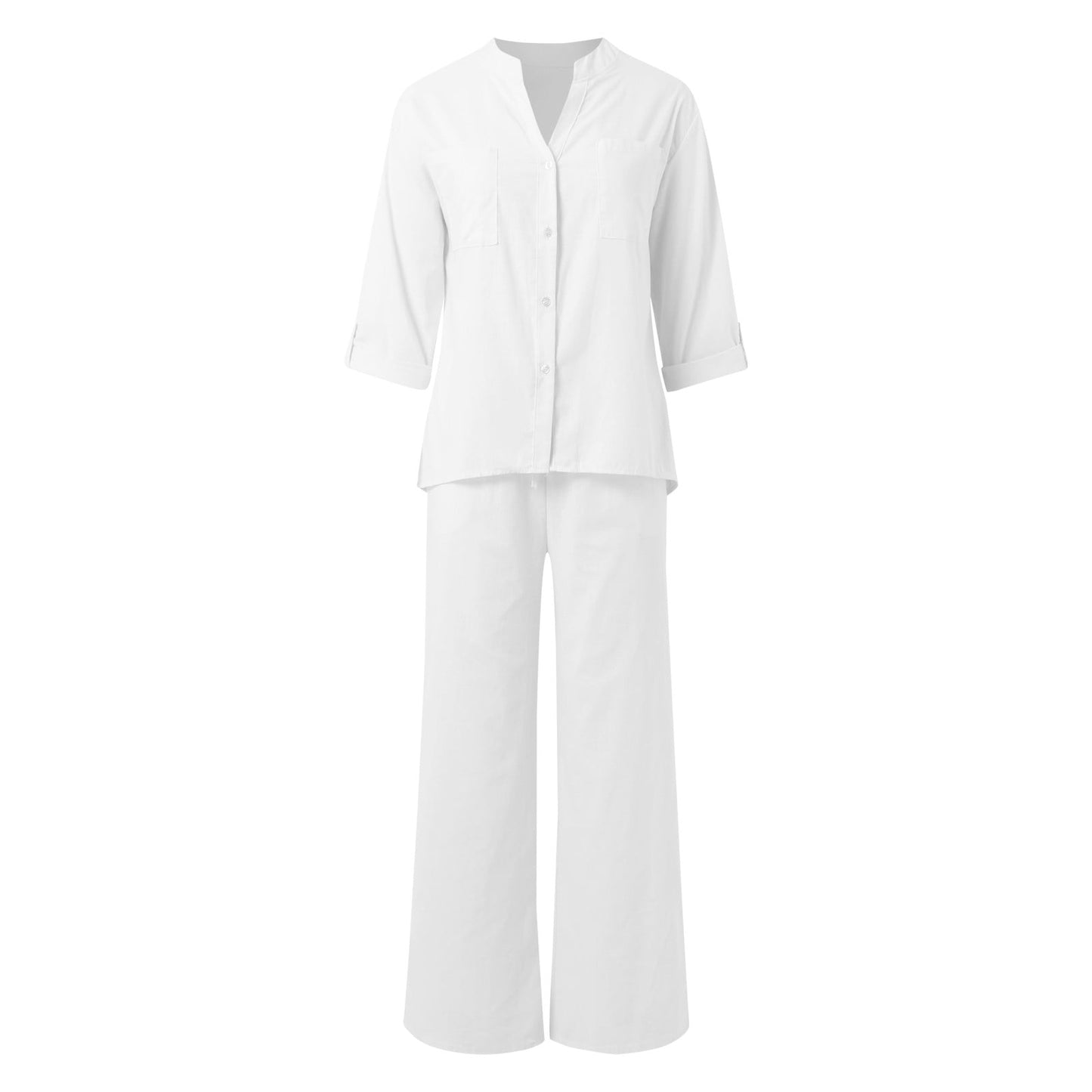 Women's Two Piece 2025 Lapel Long Sleeved Shirt Spring Summer Casual Solid Pants Wide Leg Two Piece Suit Women's Fashion Business Suit Two Piece Pants Set Women Trousers Suit Outfits for Women Girls