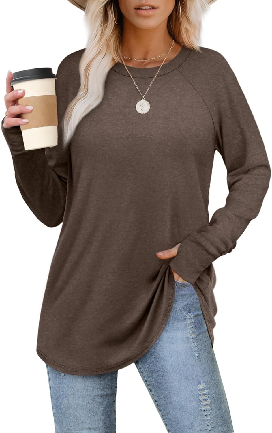 Womens Tunic Tops to Wear with Leggings Long Sleeve Thumb Hole Shirts Crew Neck Curved Hem Fall Winter Clothes