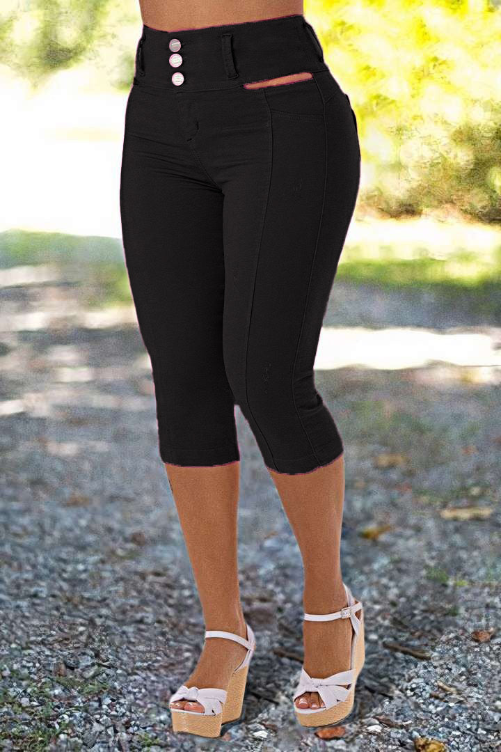 Solid Cut Out Waist Skinny High Waist Capri Jeans