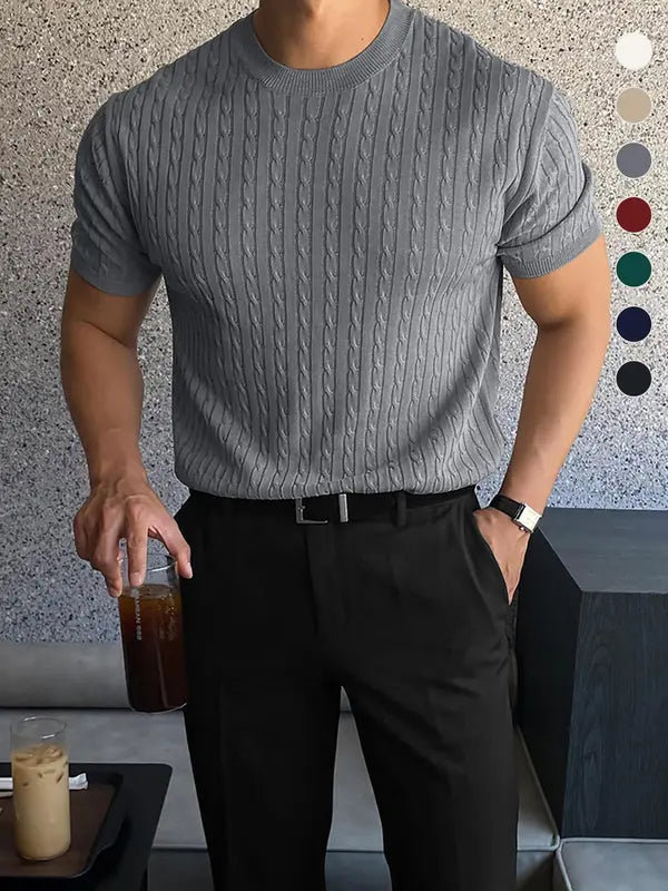 Summer Clothes Men's Plain Round Neck Cable Knit Shortsleeve Top, Slim Casual Crew Neck Knitwear for Spring & Summer, Menswear for Daily Wear, National Day Clothing