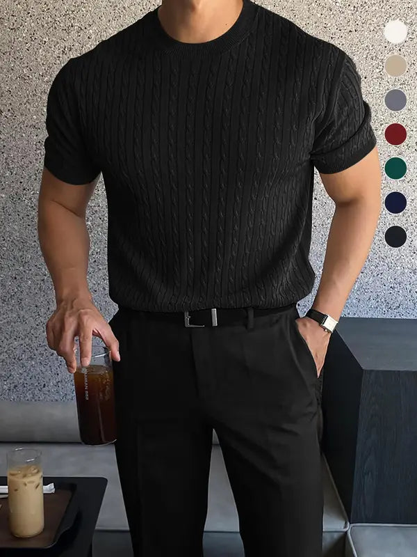 Summer Clothes Men's Plain Round Neck Cable Knit Shortsleeve Top, Slim Casual Crew Neck Knitwear for Spring & Summer, Menswear for Daily Wear, National Day Clothing