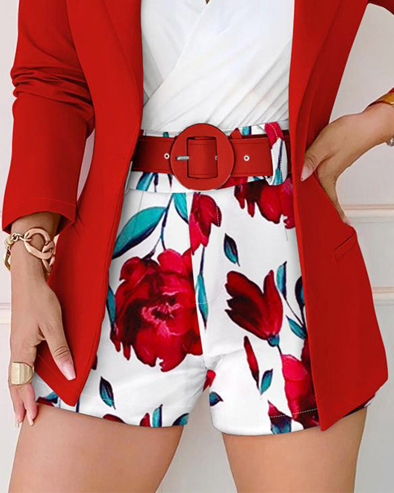 2 Pieces Outfits Notched Collar Long Sleeve Blazer & Floral Print Shorts Set With Belt