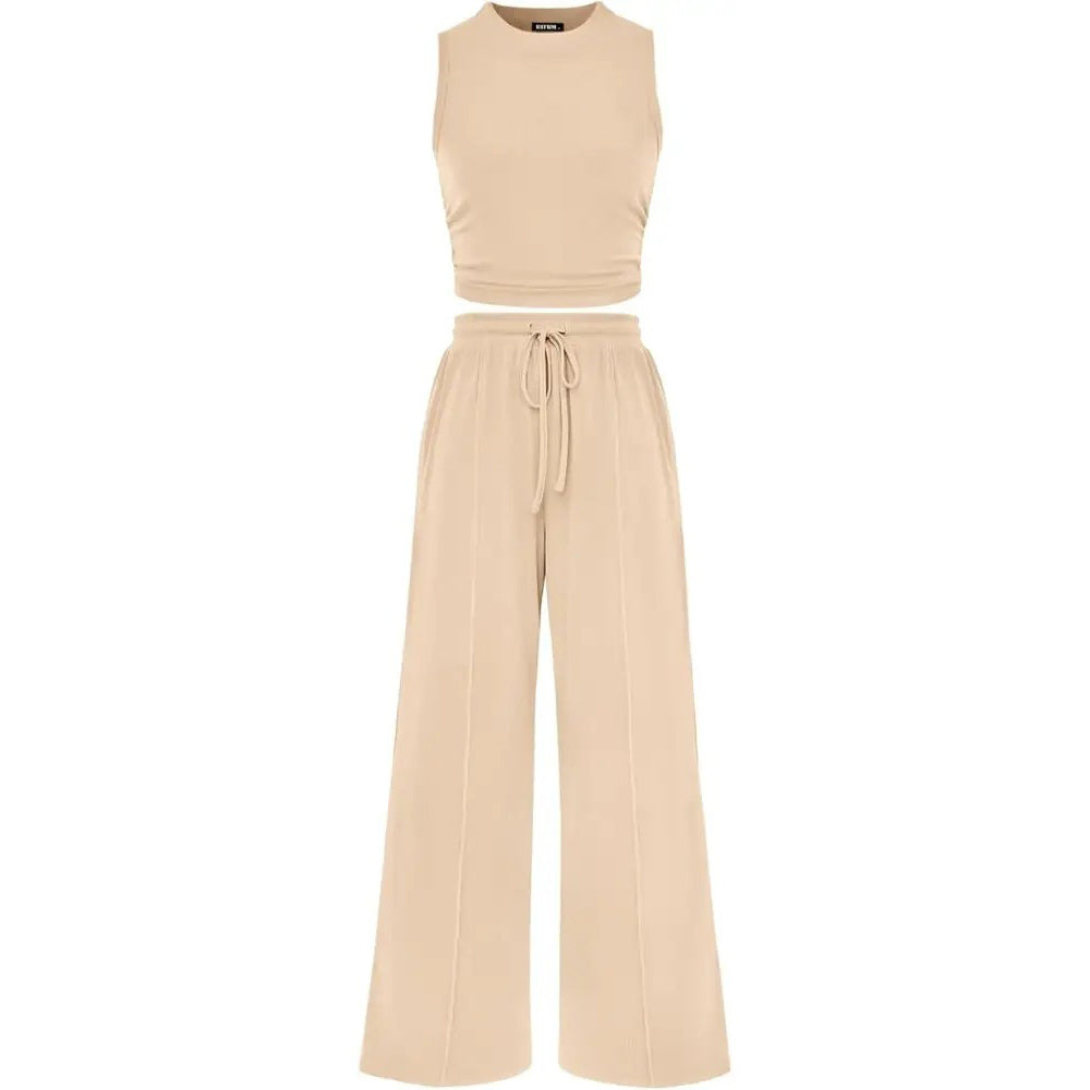 Women's Summer 2-Piece Outfits - Ribbed Knit Crew Neck Sleeveless Cropped Top & Wide Leg Pants Lounge Set