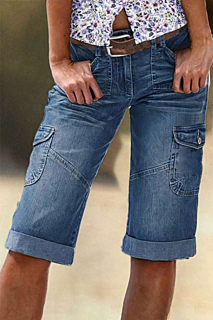 🔥Flap Pocket Roll Hem Denim Bermuda Shorts Without Belt