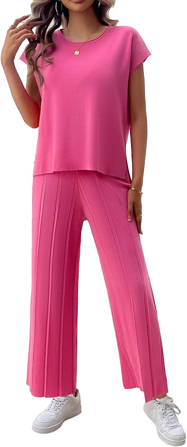 Womens 2 Pieces Lounge Sets Knit Sweater Sets Casual Cap Sleeve Tops with Wide Leg Pants Tracksuits