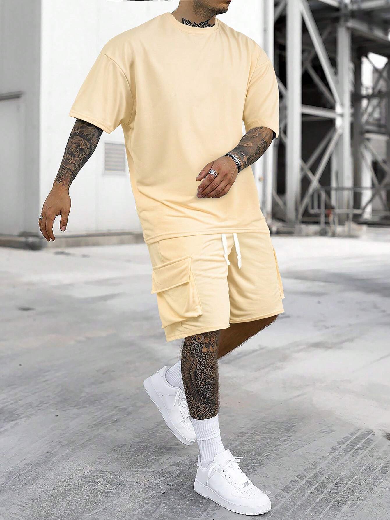 [S-6XL] Men's Solid Tee & Cargo Shorts Set
