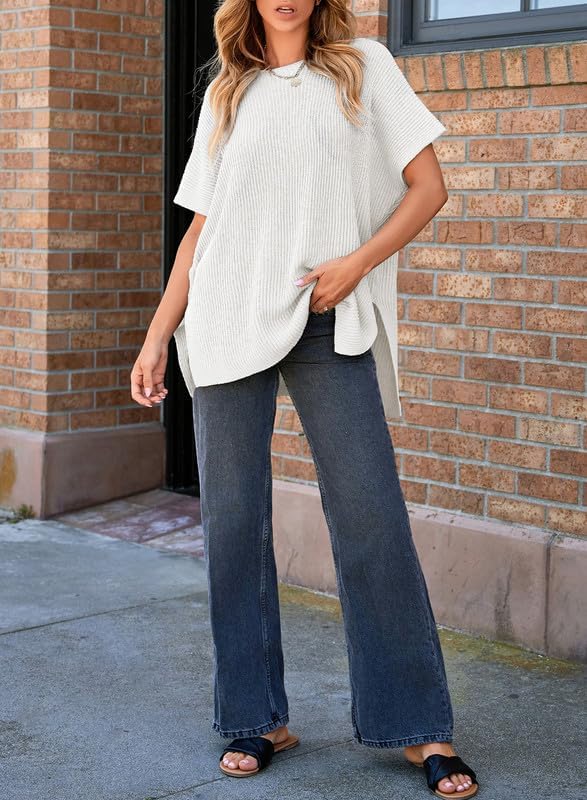 Womens Tops Crewneck Short Sleeve Sweater Causal Tunic Tops Lightweight Summer Sweaters for Women