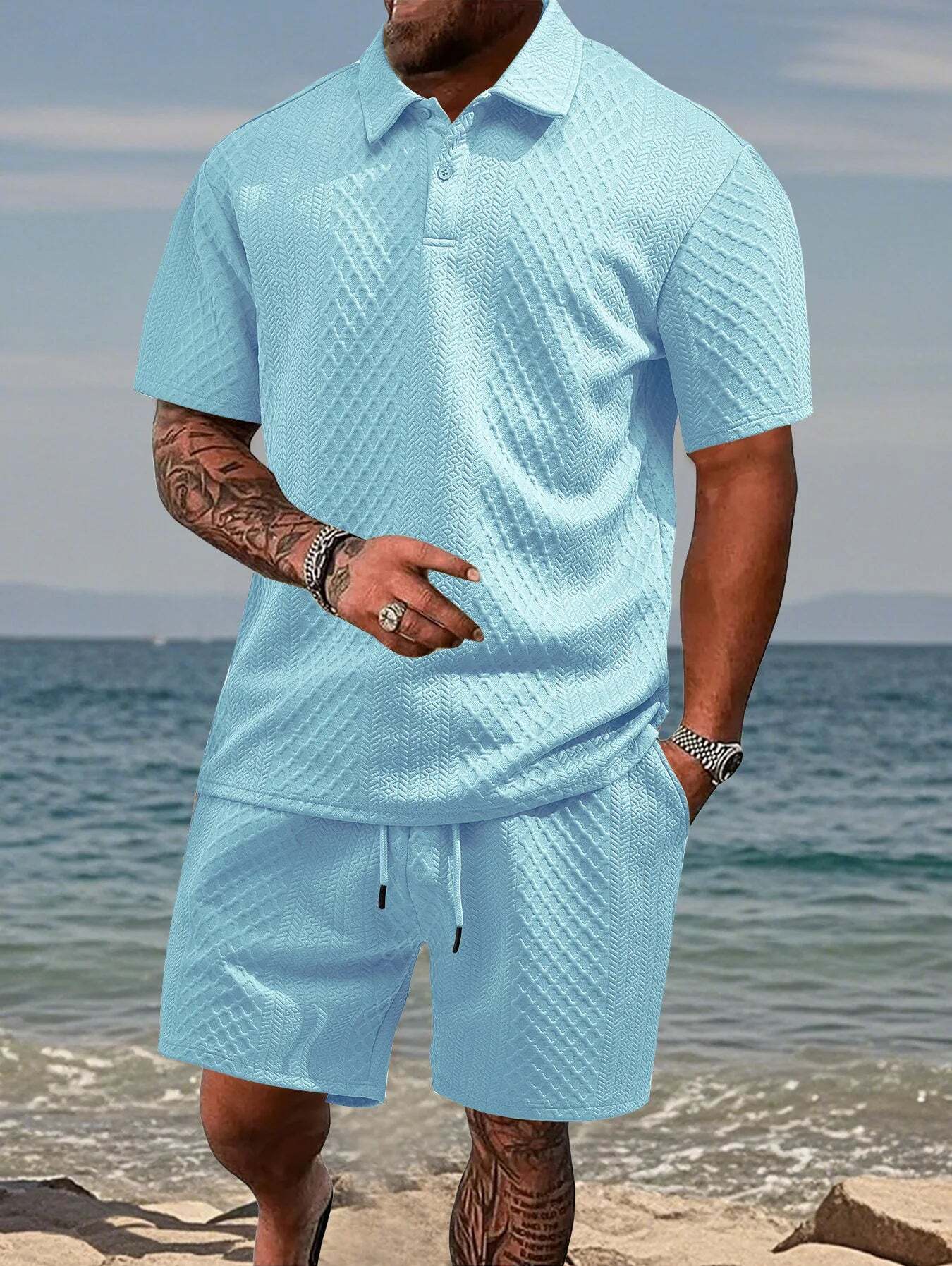 7 Packs Men's casual sports lapel jacquard texture polo shirt set