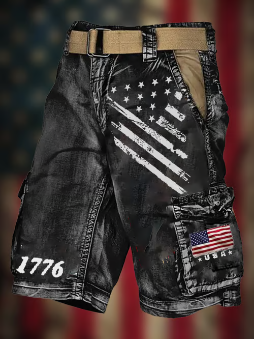 Men's Vintage Flag Independence Day Multi-Pocket Print Cargo Shorts (Belt Included)