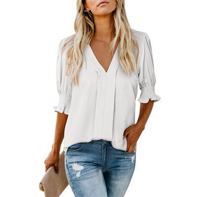 Womens Vneck T Shirts Tops Casual Ruffle Short Sleeve Blouses Boho Floral Graphic Solid