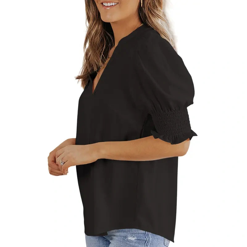 Womens Vneck T Shirts Tops Casual Ruffle Short Sleeve Blouses Boho Floral Graphic Solid