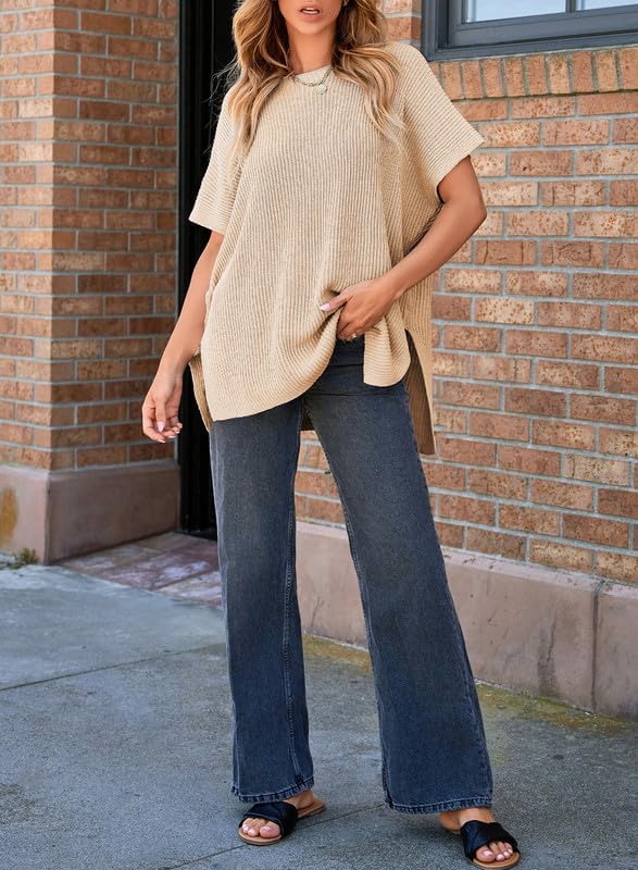 Womens Tops Crewneck Short Sleeve Sweater Causal Tunic Tops Lightweight Summer Sweaters for Women